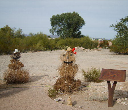 [image of tumble weeds arranged and decorated like snowmen]