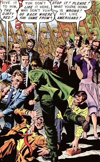 [detail from cover of Shock Suspense Stories #2, showing gang beating alleged 'red' and onlooker asking them instead to act like Americans]