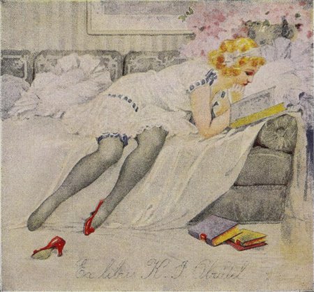 [image of young woman reading on couch, in an early 20th-Century undergarment, stockings, and one red shoe]
