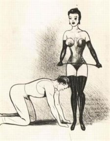[source image for cover of House of Tears; man on all fours, before woman in dominatrix outfit]