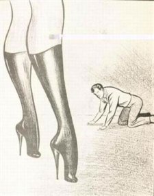 [image of legs of woman in high-heeled boots in foreground, man on all fours in background]