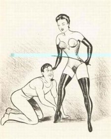 [image of man kneeling before woman in dominatrix outfit with whip]