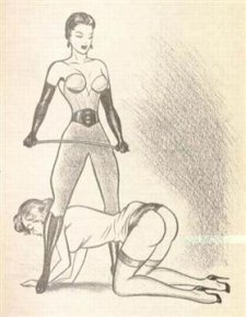 [image of woman in dominatrix outfit with whip, straddling woman in heels and skirt on all fours, with buttock exposed]